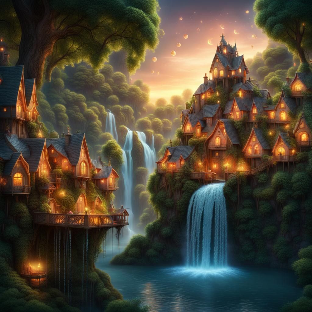 Whimsical Leaf Village in Glowing Forest