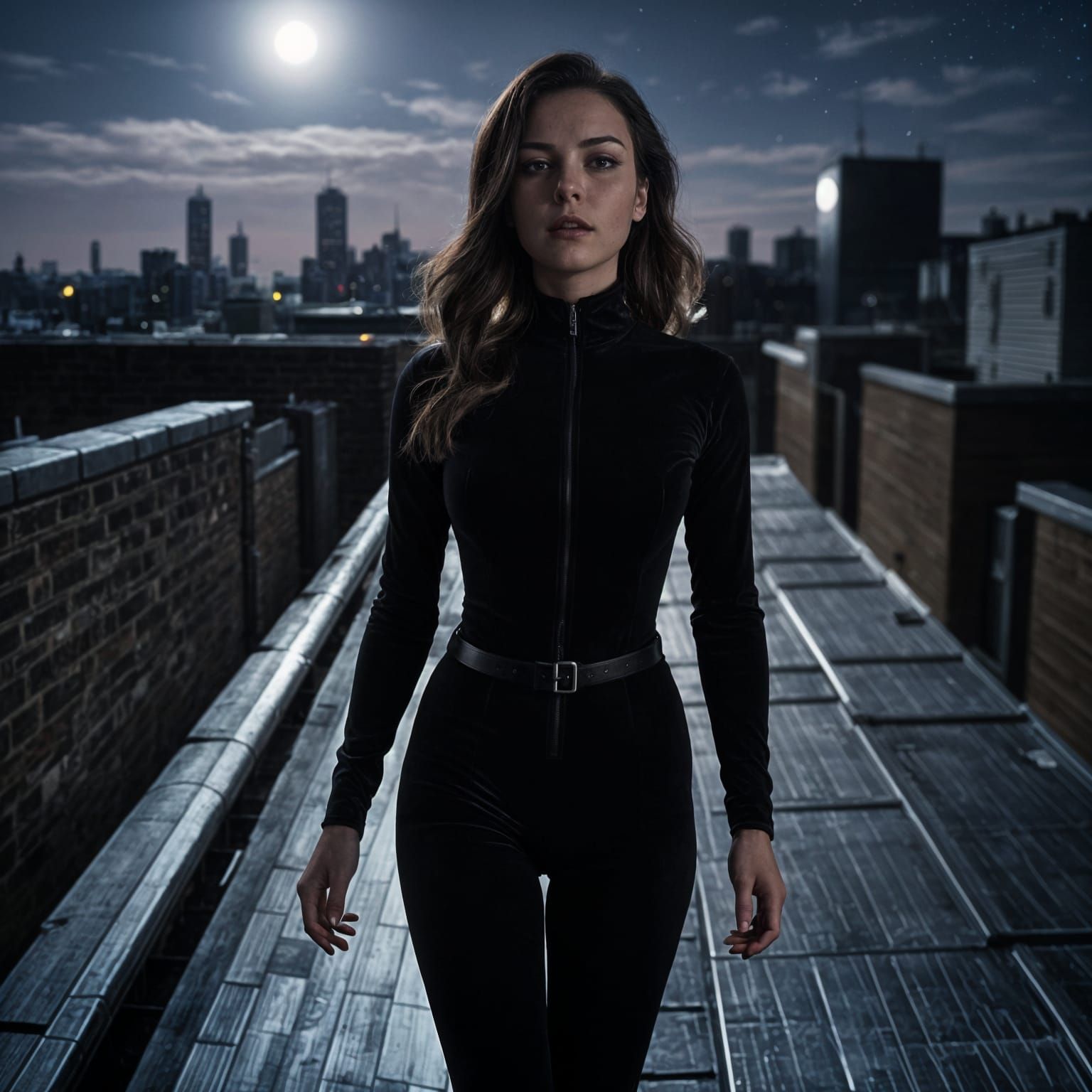 Stealthy Female Spy in Moonlit Black Catsuit