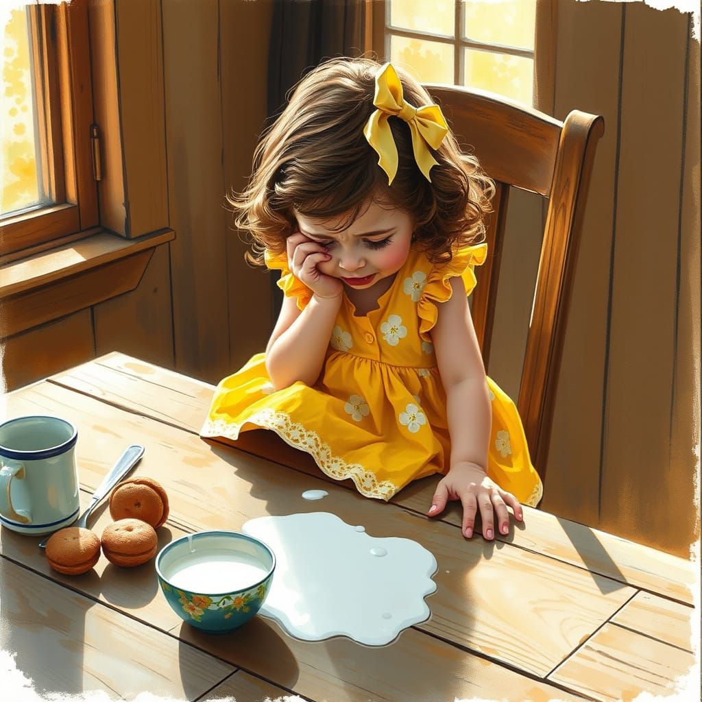 Young Girl Cries Over Spilled Milk in Whimsical American Rea...