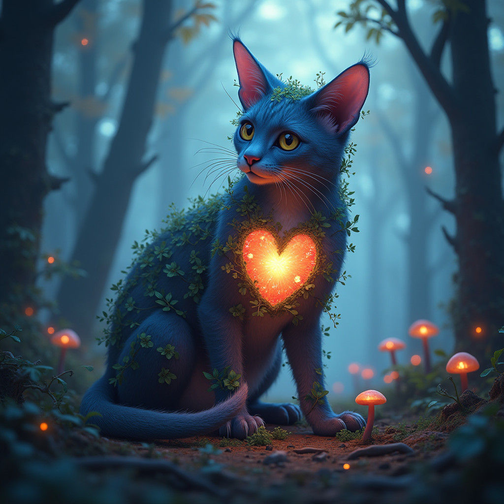 Mystical Forest Cat with Luminescent Heart