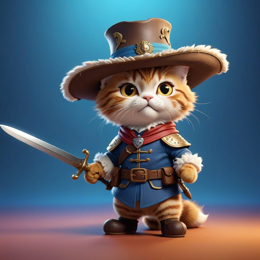 Cute Musketeer Cat Wields Rapier in Vibrant Background
