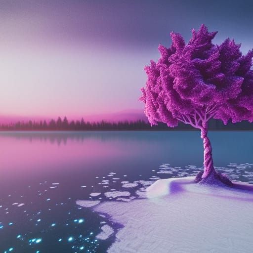 Glowing Purple Tree on Frozen Lake at Sunset