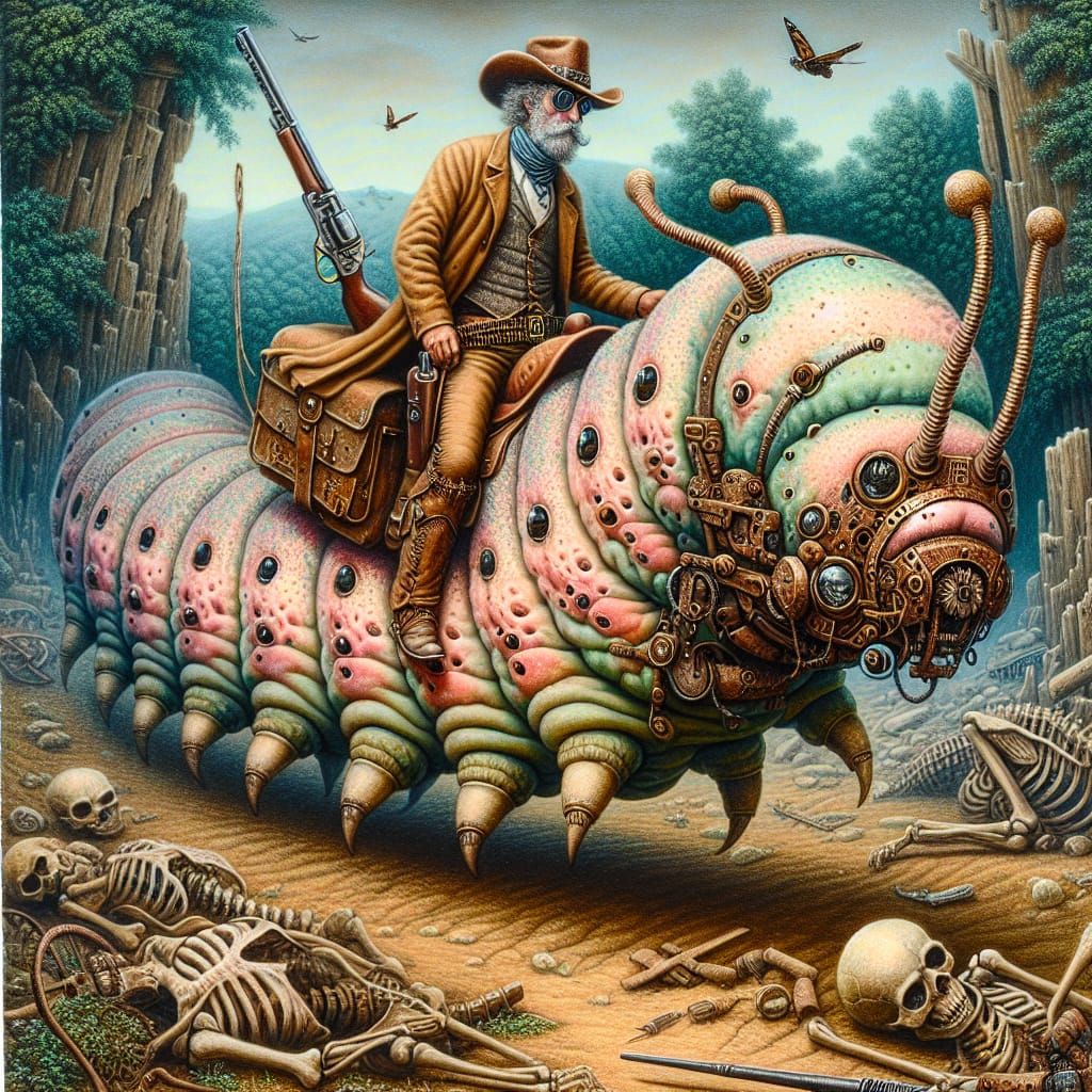 Steampunk Cowboy Rides Chubby Jungle Caterpillar