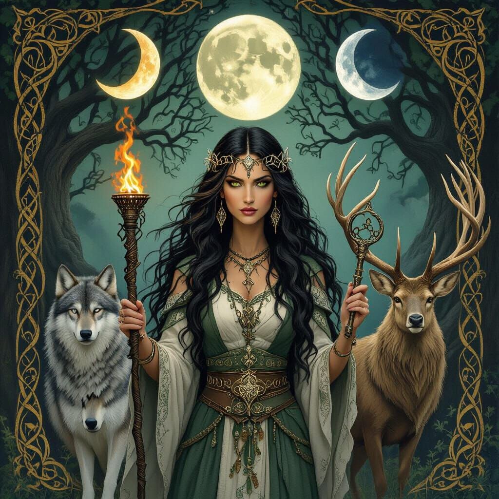 Goddess Hecate with Wolves and Tree of Life