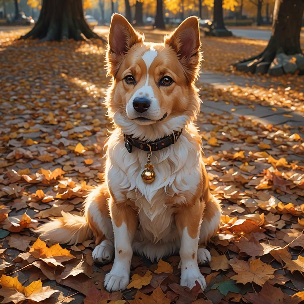 Anime Dog in Autumn Leaves, Hyper-Realistic Close-Up