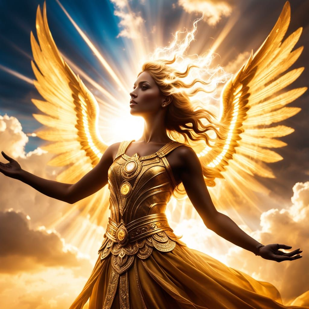 Golden Angelic Warrior Radiates Divine Energy with Radiant B...