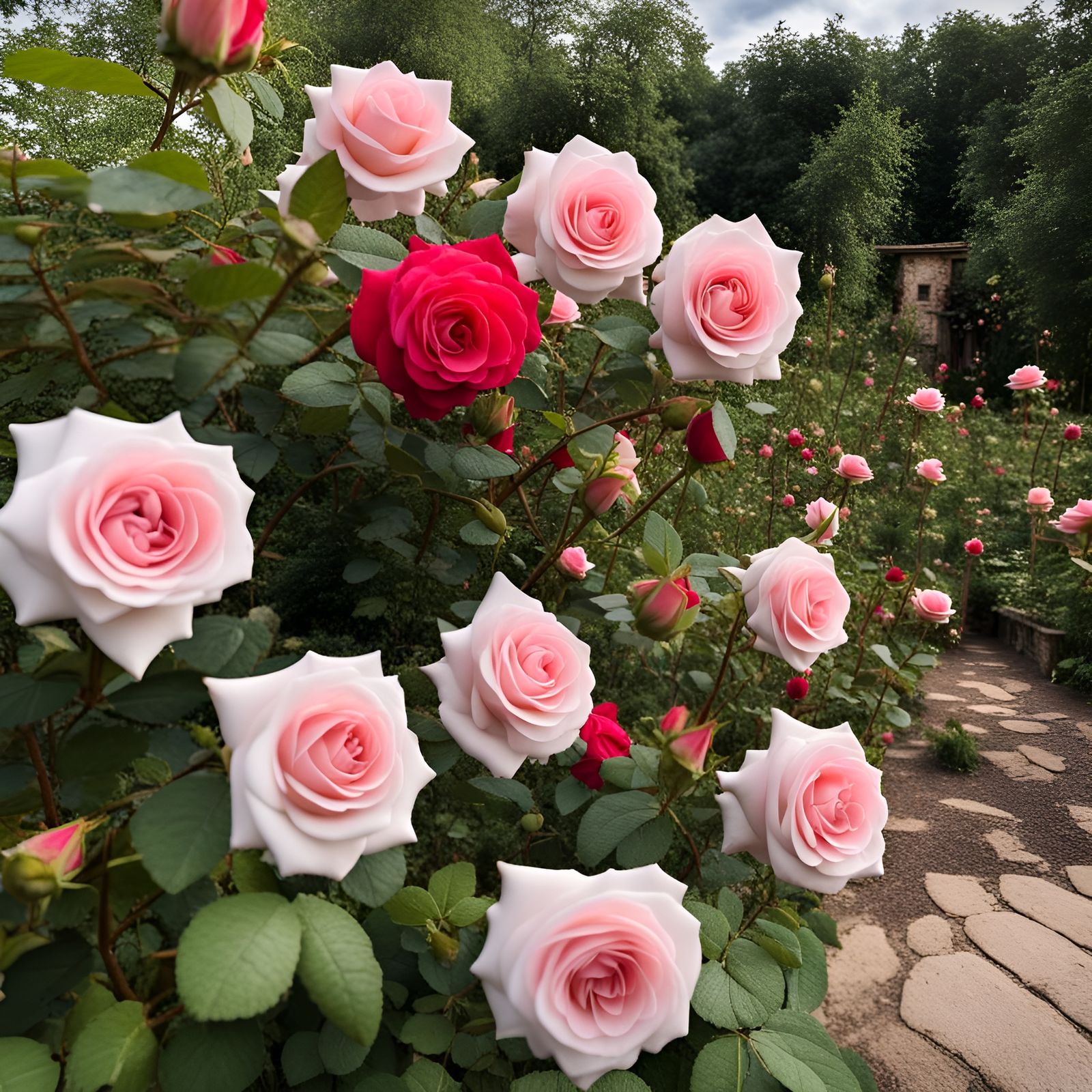 Roses Bloom in a Quaint Home Garden