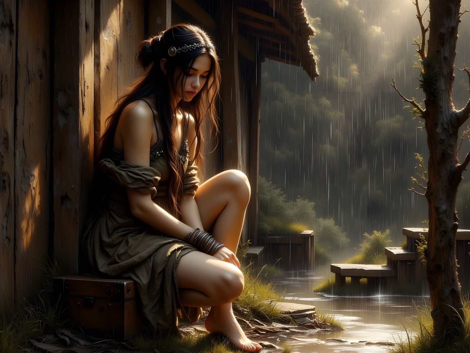 Norse Goddess in Summer Downpour, Impressionist Oil Style