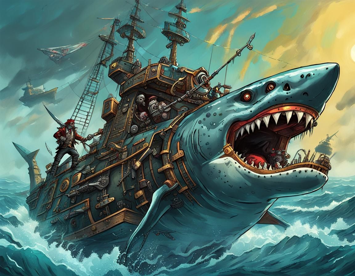 Mecha Shark Pirate Ship Consumes Smaller Boat