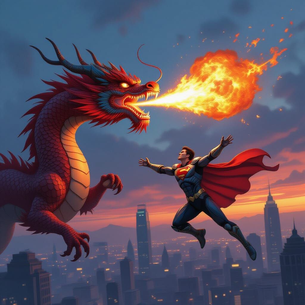 Dragon's Fireball Near Miss: Superhero in Futuristic City