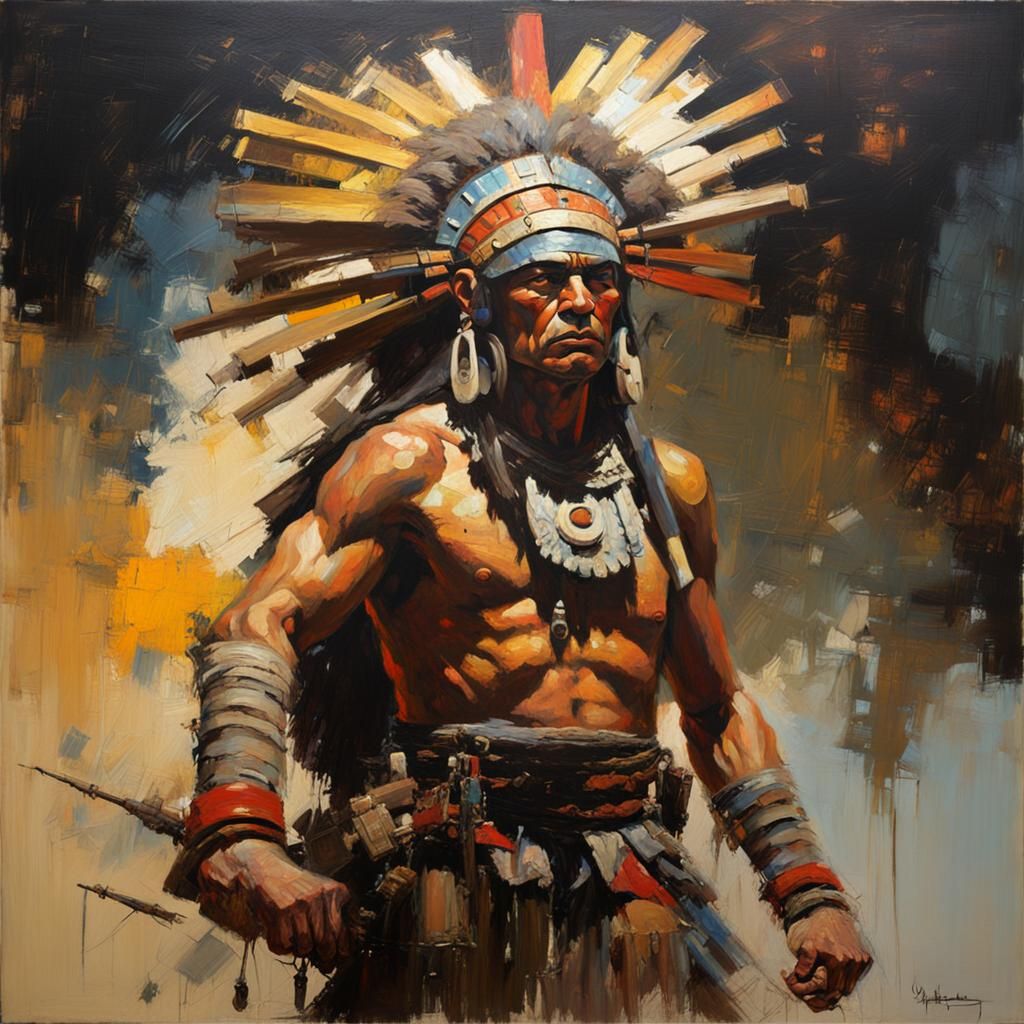 Detailed Oil Painting of an Aztec Warrior