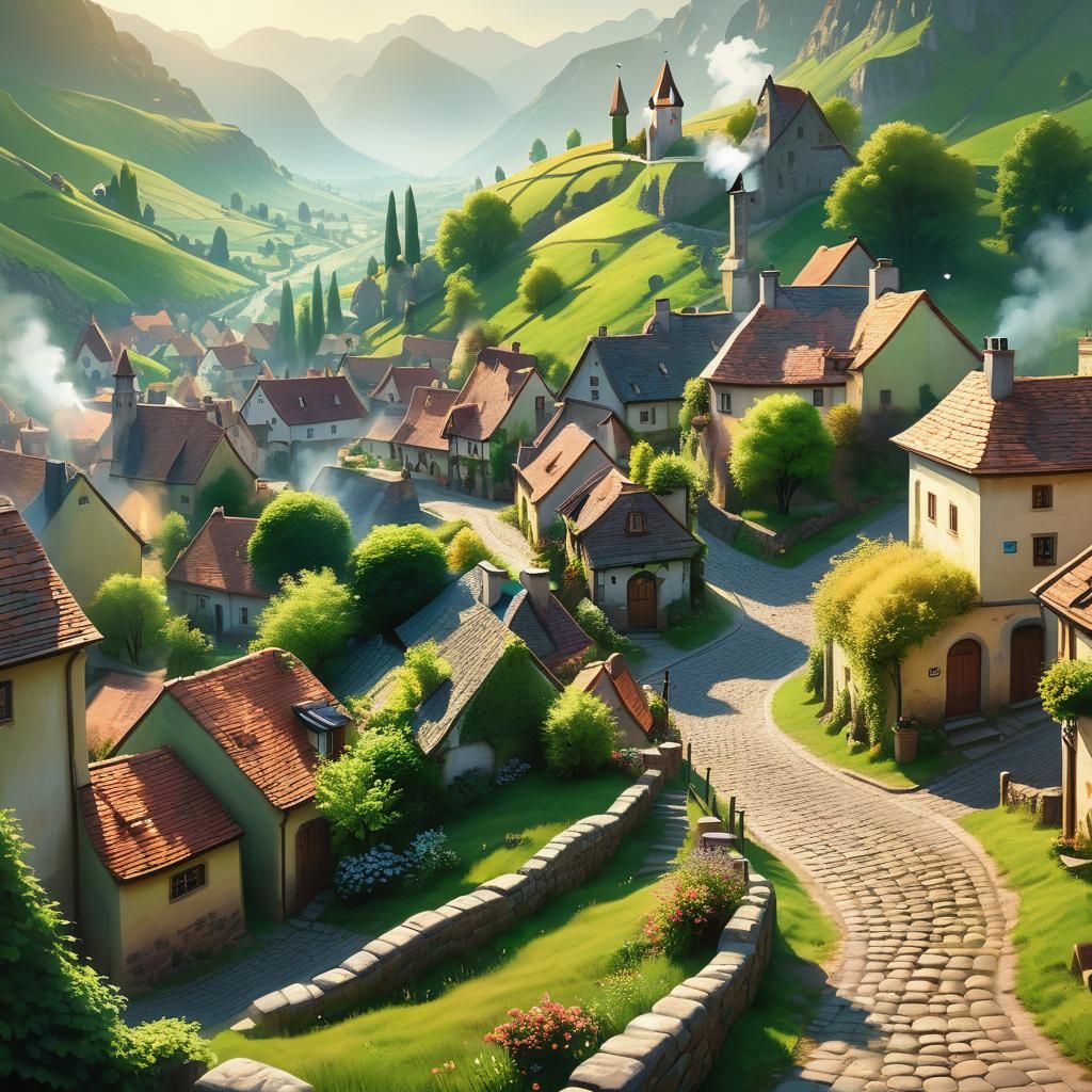 Quaint Village in Valley: Oil Painting Landscape