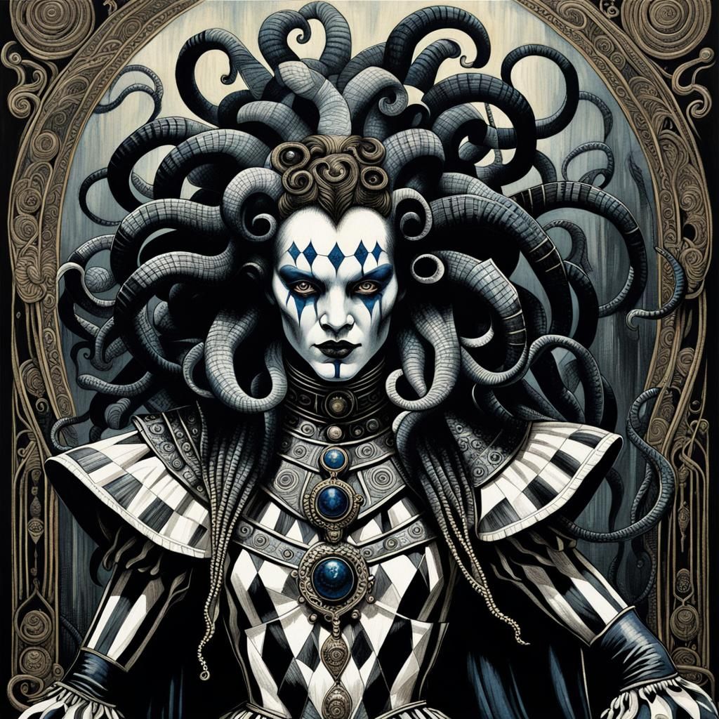 Weeping Harlequin Medusa Scratchboard Portrait