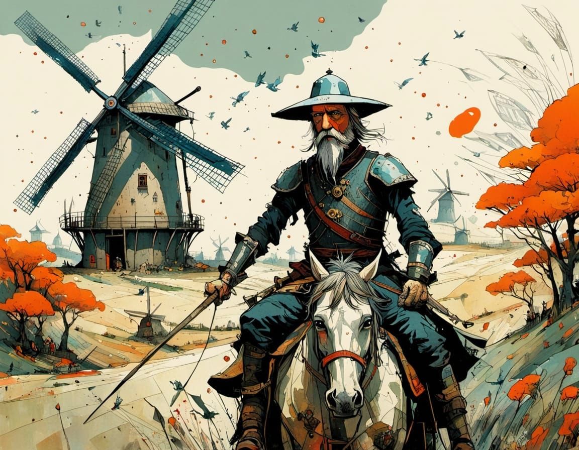 Don Quixote Battles Windmills in Detailed Illustration