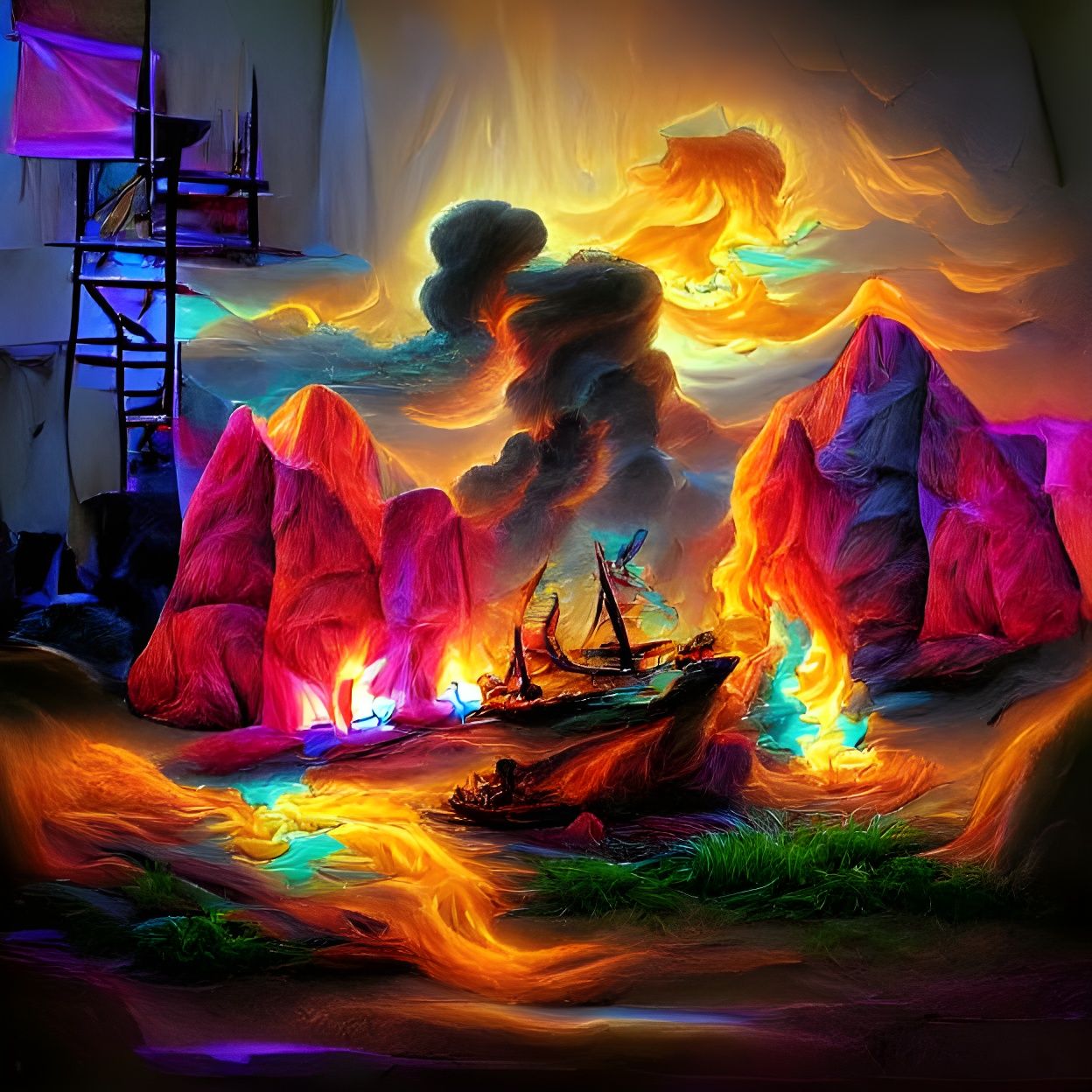 Pirate Landscape Lit by Magic Fire