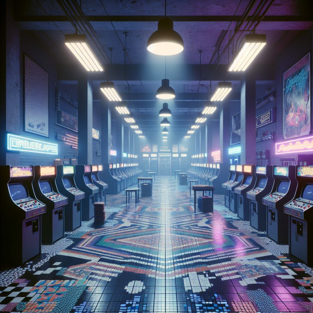 Eerie 1990s Liminal Space with Neon Lights