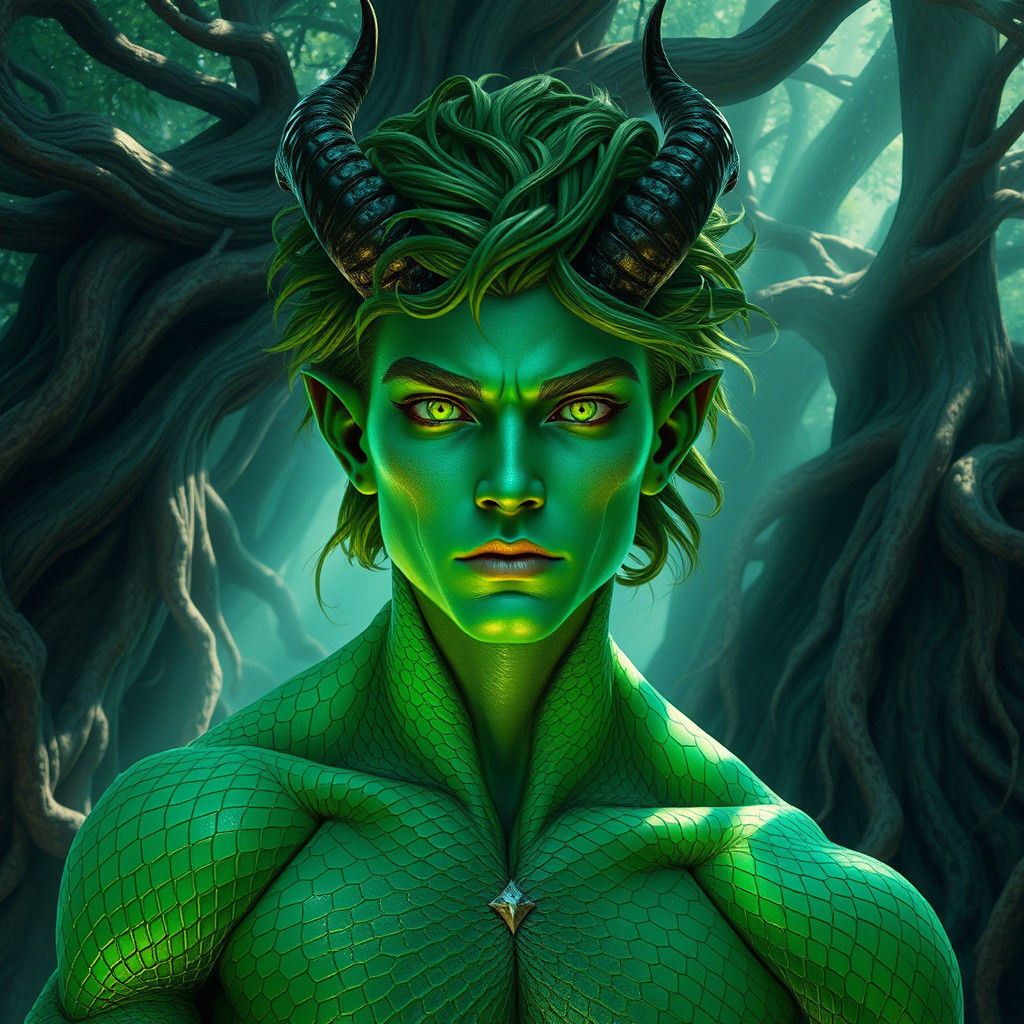 Emerald Scaled Man in Dreamlike Forest, Fantasy Art