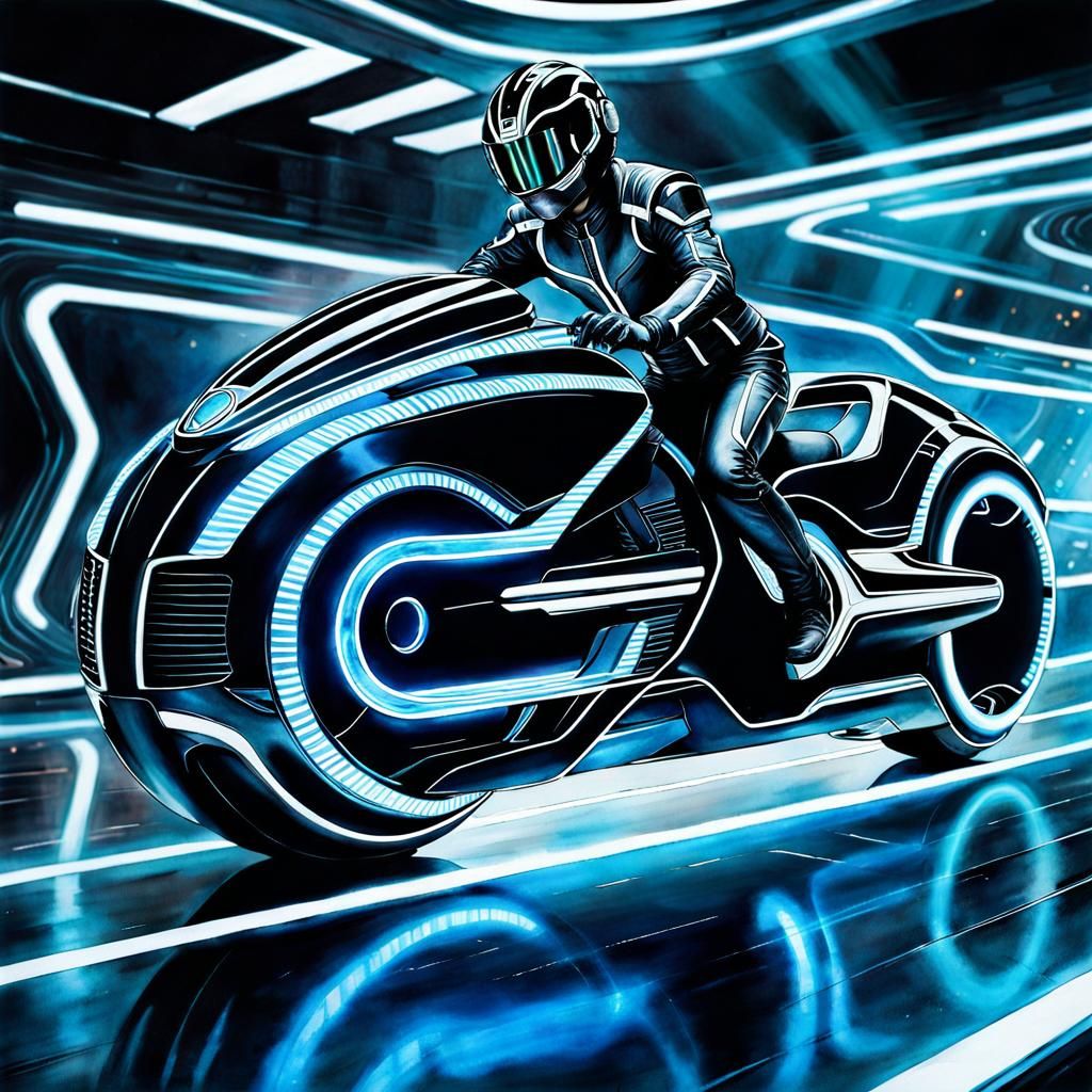 Tron Legacy Character on Lightcycle Watercolor Painting