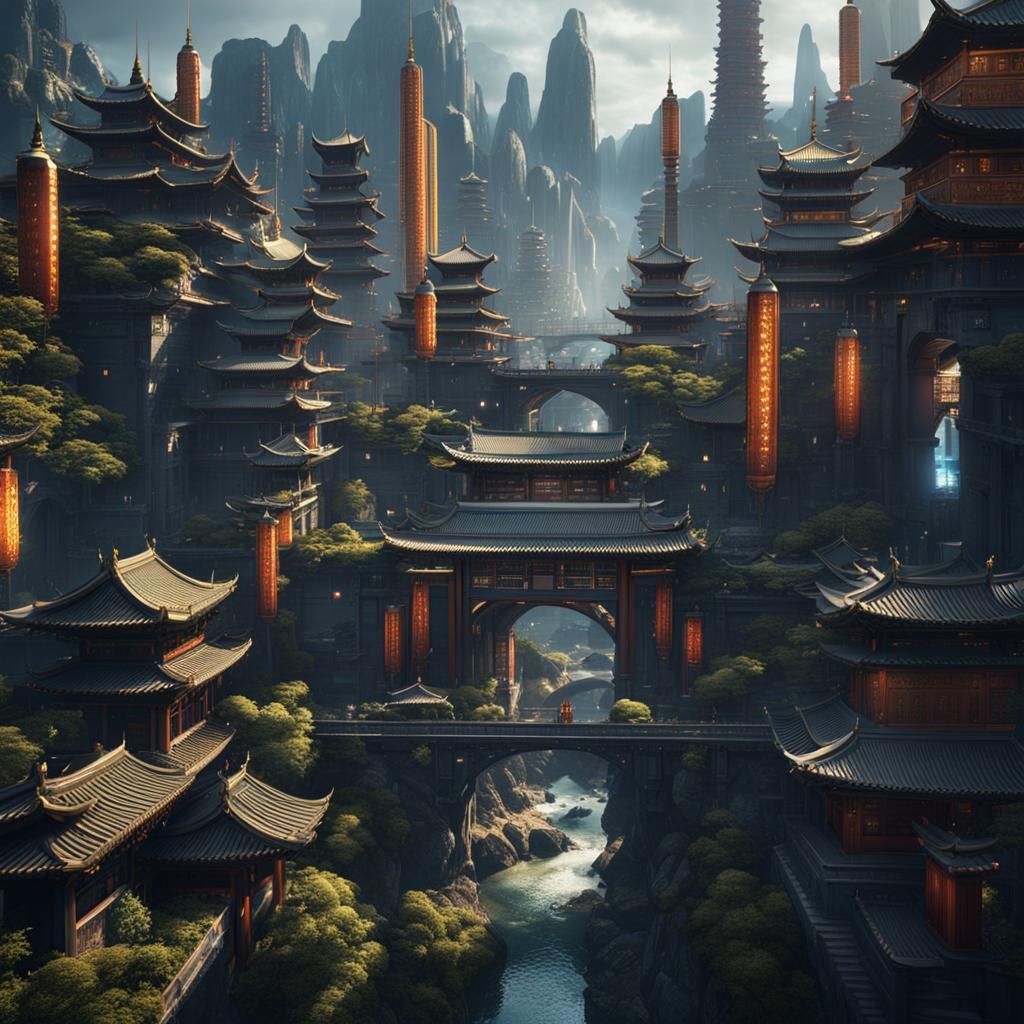 Futuristic Oriental Cityscape in Detailed Matte Painting