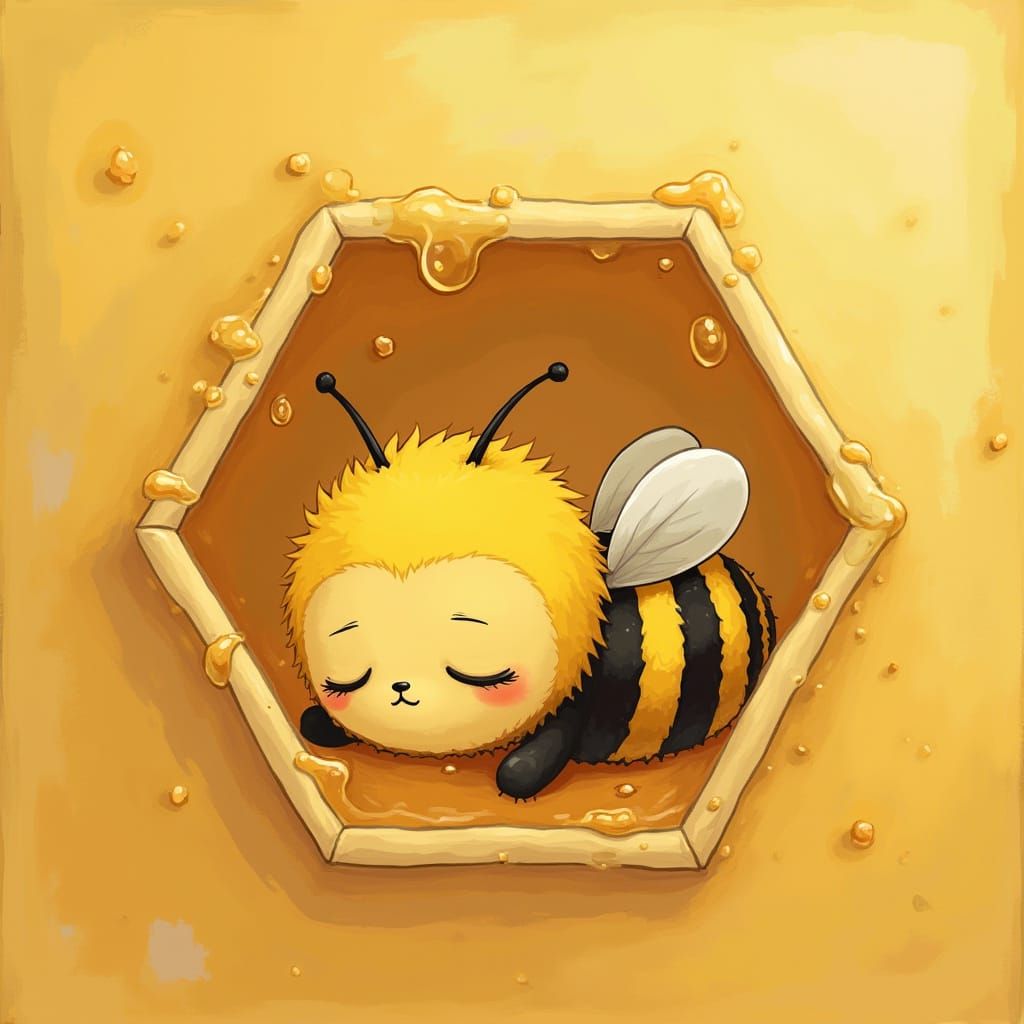 Sleepy Bee in Honeycomb, Whimsical Cartoon