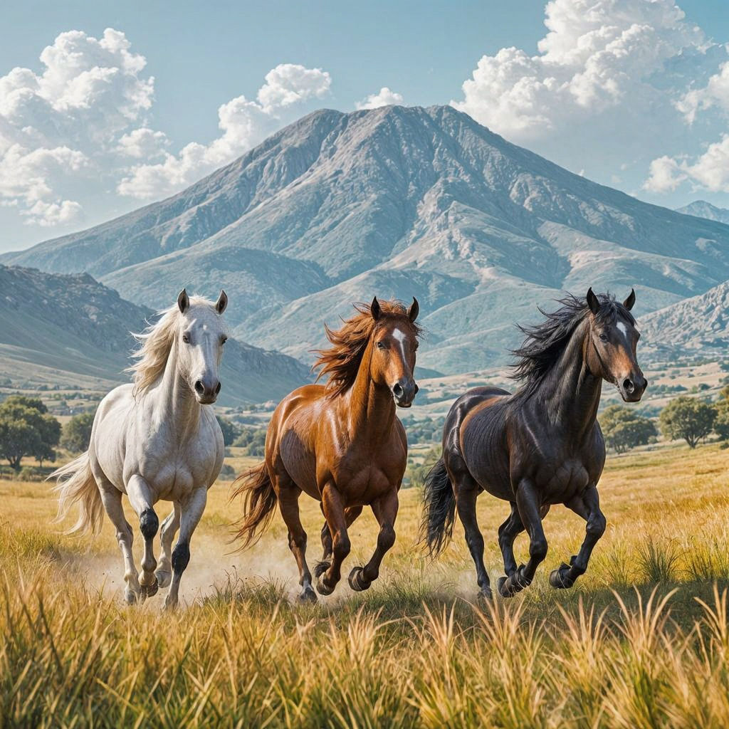 Three Galloping Horses in Ancient Greece Landscape