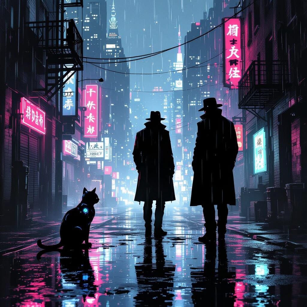 Cyberpunk Noir Detective in Rain-Soaked Cityscape