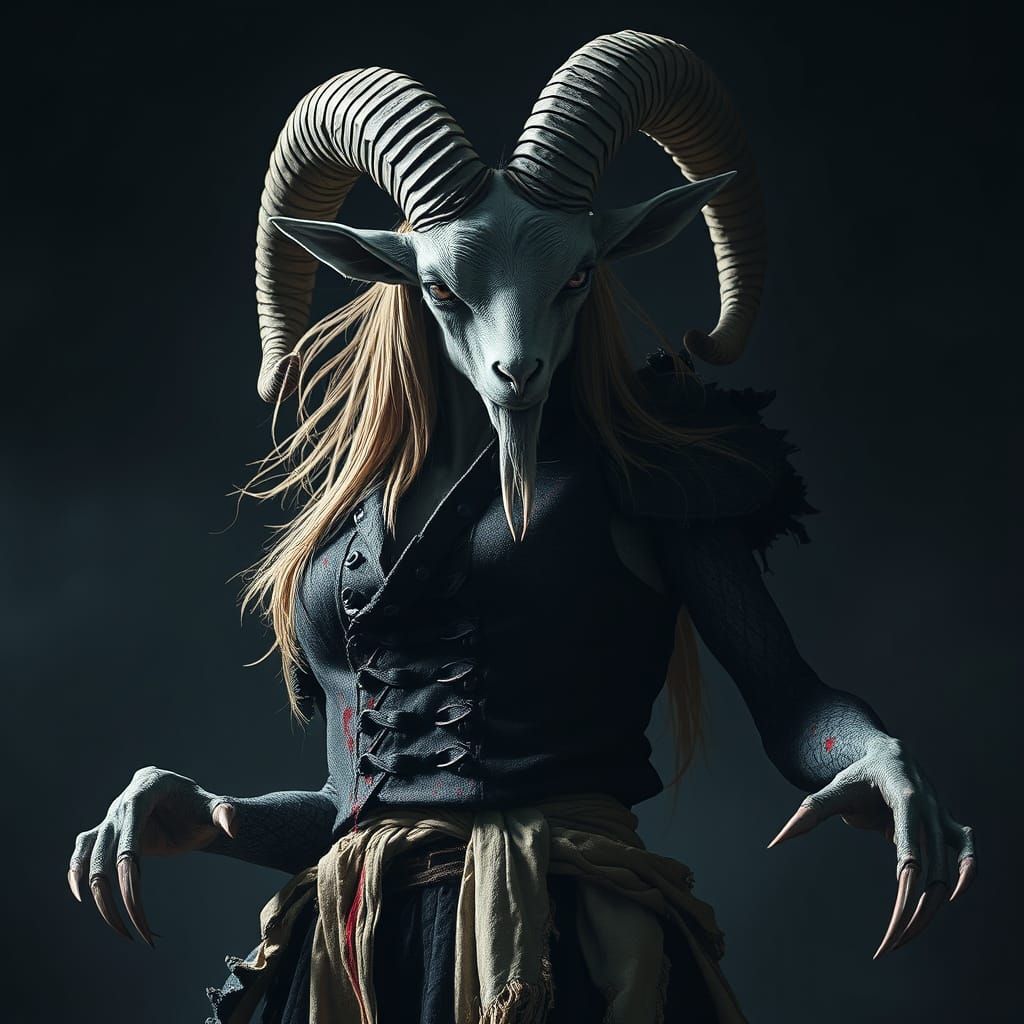 Gothic Goat Creature in Dramatic High-Contrast Lighting
