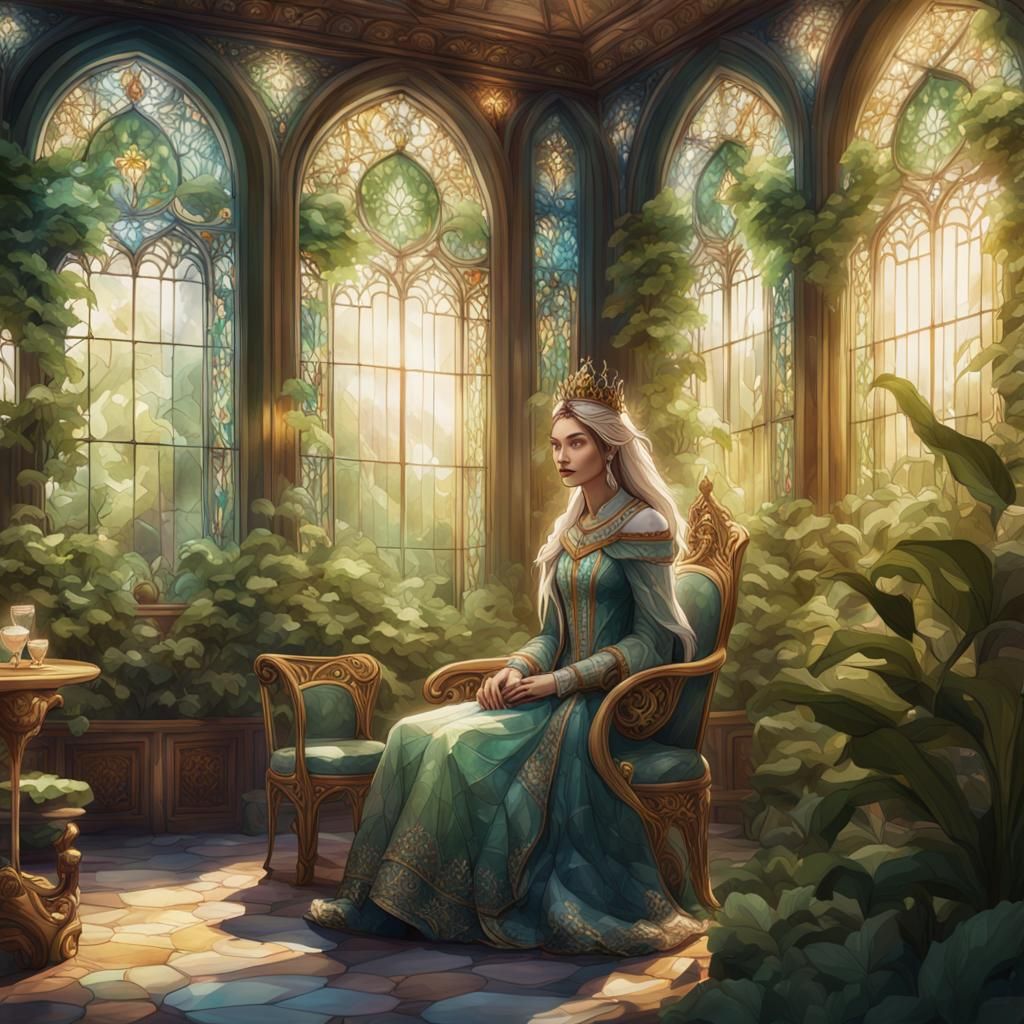 Mystical Queen in Lush Tearoom: Watercolor Digital Art
