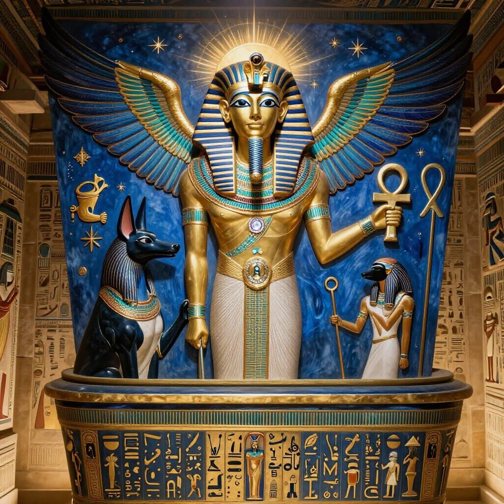 King Tut and Sobek with Eye of Ra in Egyptian Tomb