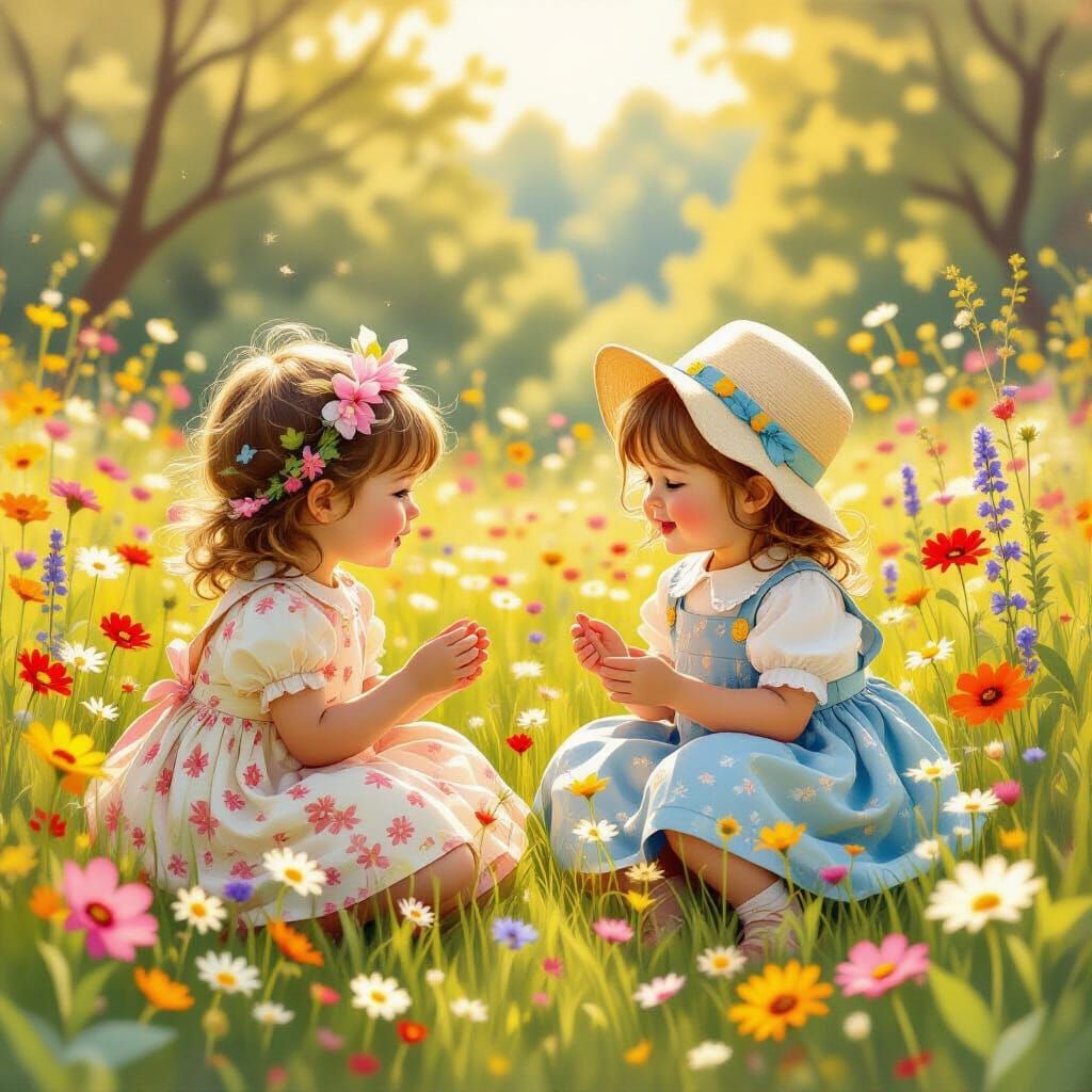 Children Playing in Meadow, Beatrix Potter Style