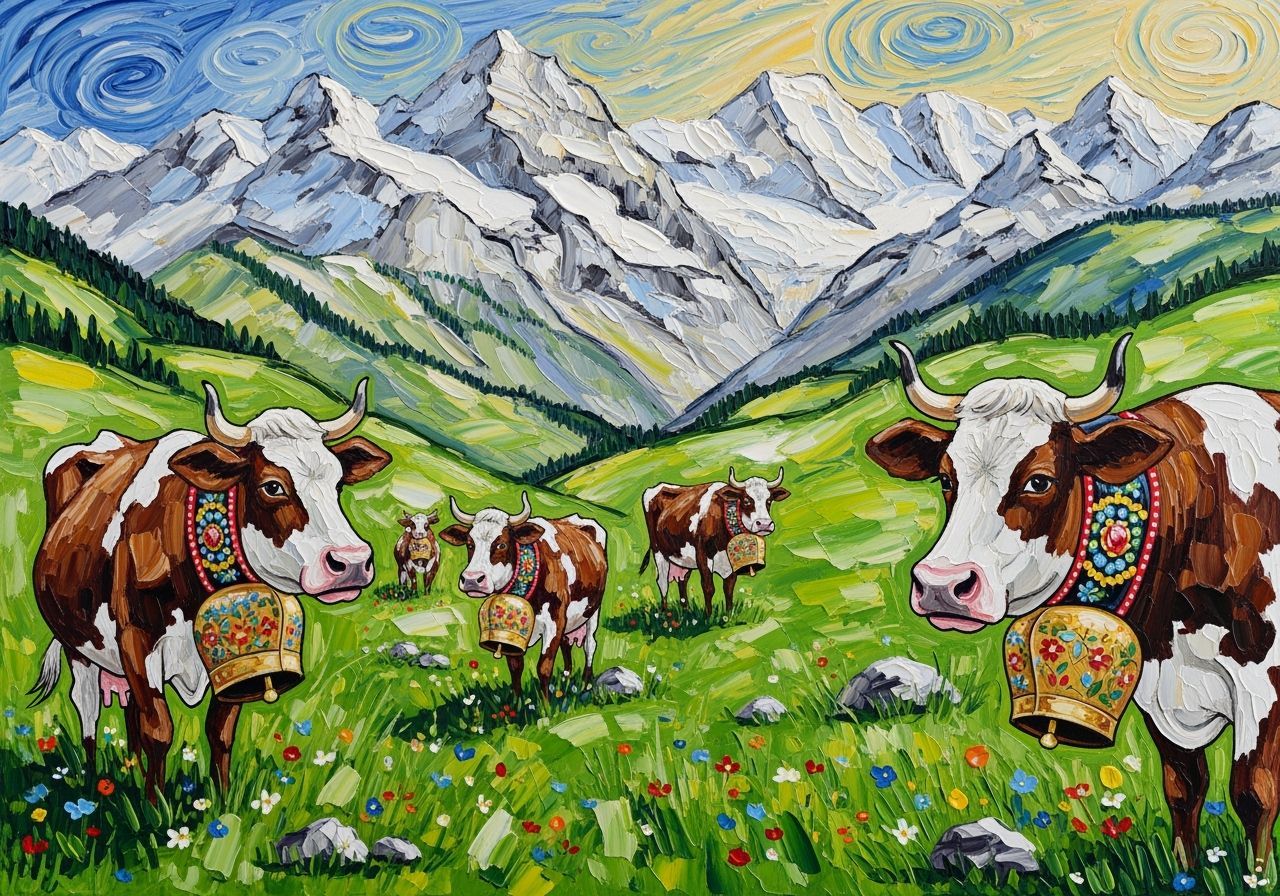 Impressionistic Alpine Cows Grazing in Vibrant Valley