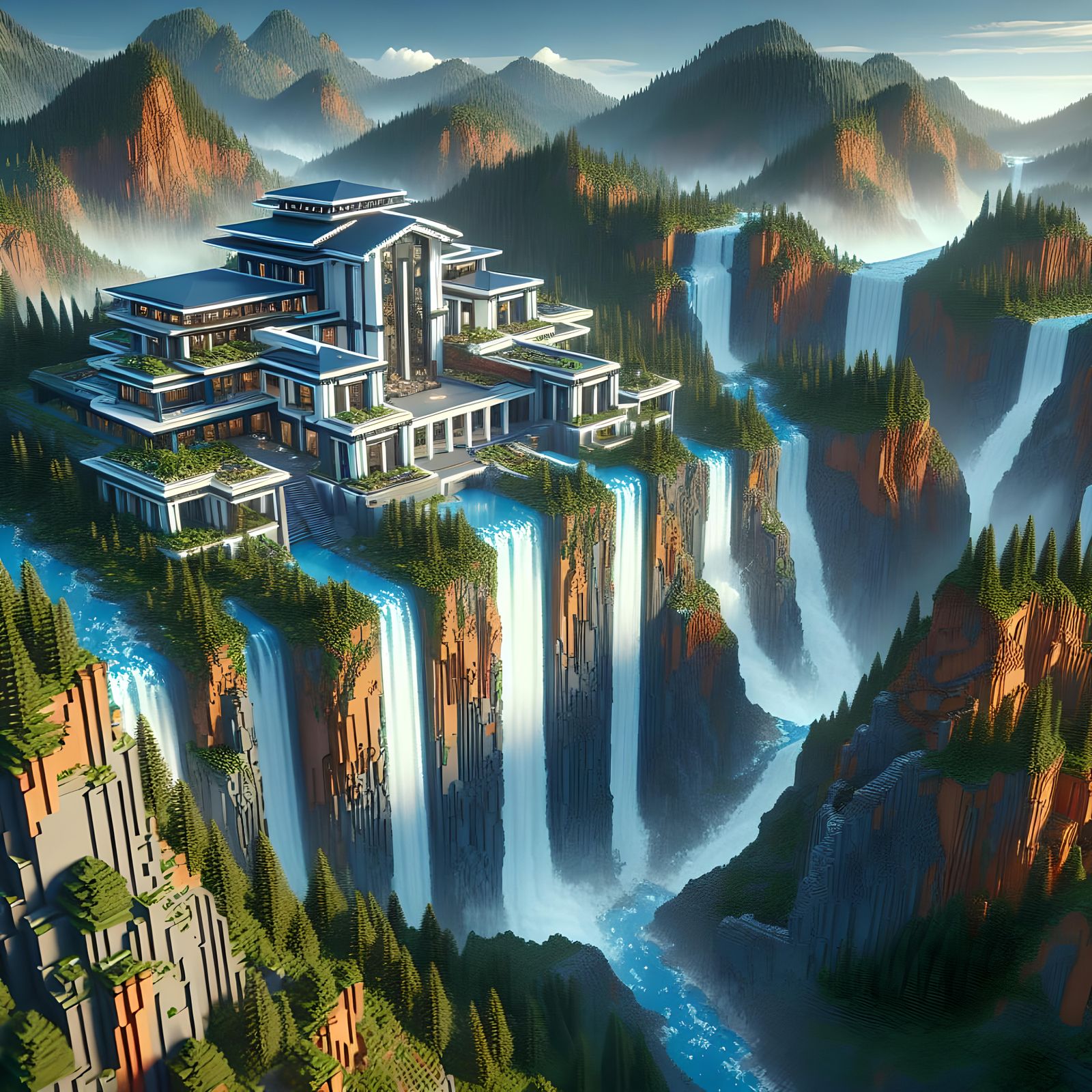Majestic Modern Mansion with Waterfall in Blocky Game