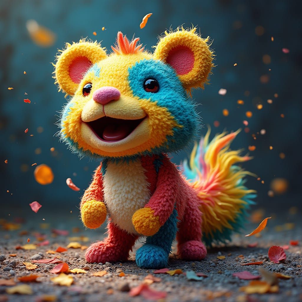 Colorful Mascot Amidst Discarded Waste in Vibrant, Basquiat-...