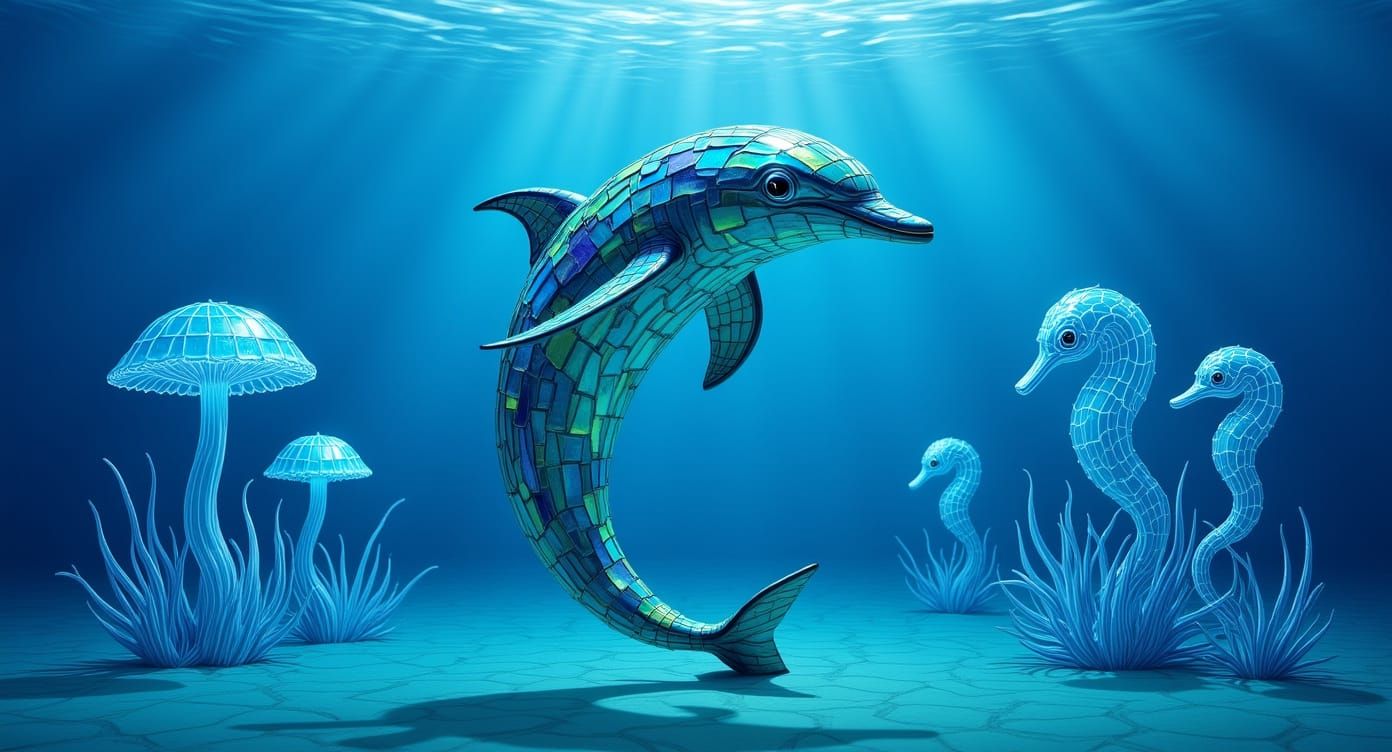 Dolphin Sculpture Made of Colorful Glass Shards