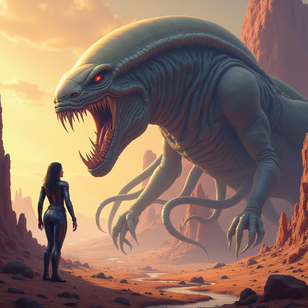 Space Heroine Confronts Alien Monster in Sci-Fi Landscape