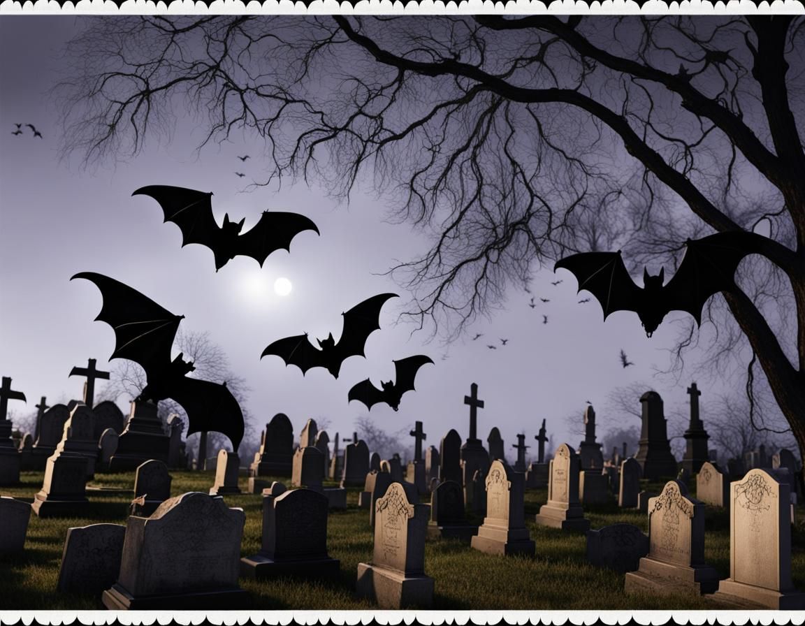 Lace Bats Fly Over Midnight Cemetery