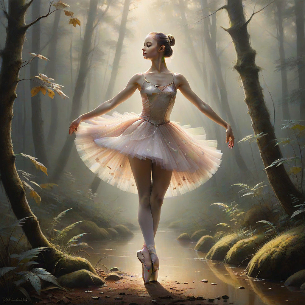 Ballerina in Misty Forest: Hyperrealistic Oil Painting