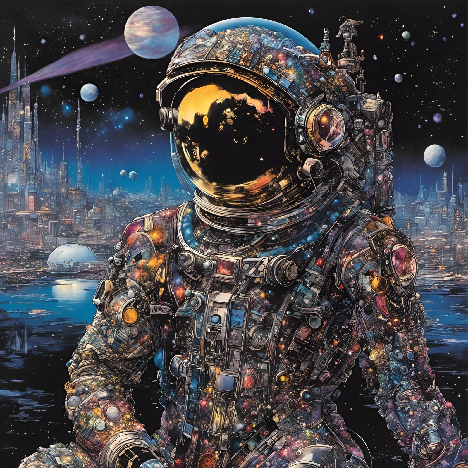 Astronaut Reflects Galaxy City: Manga Art Style