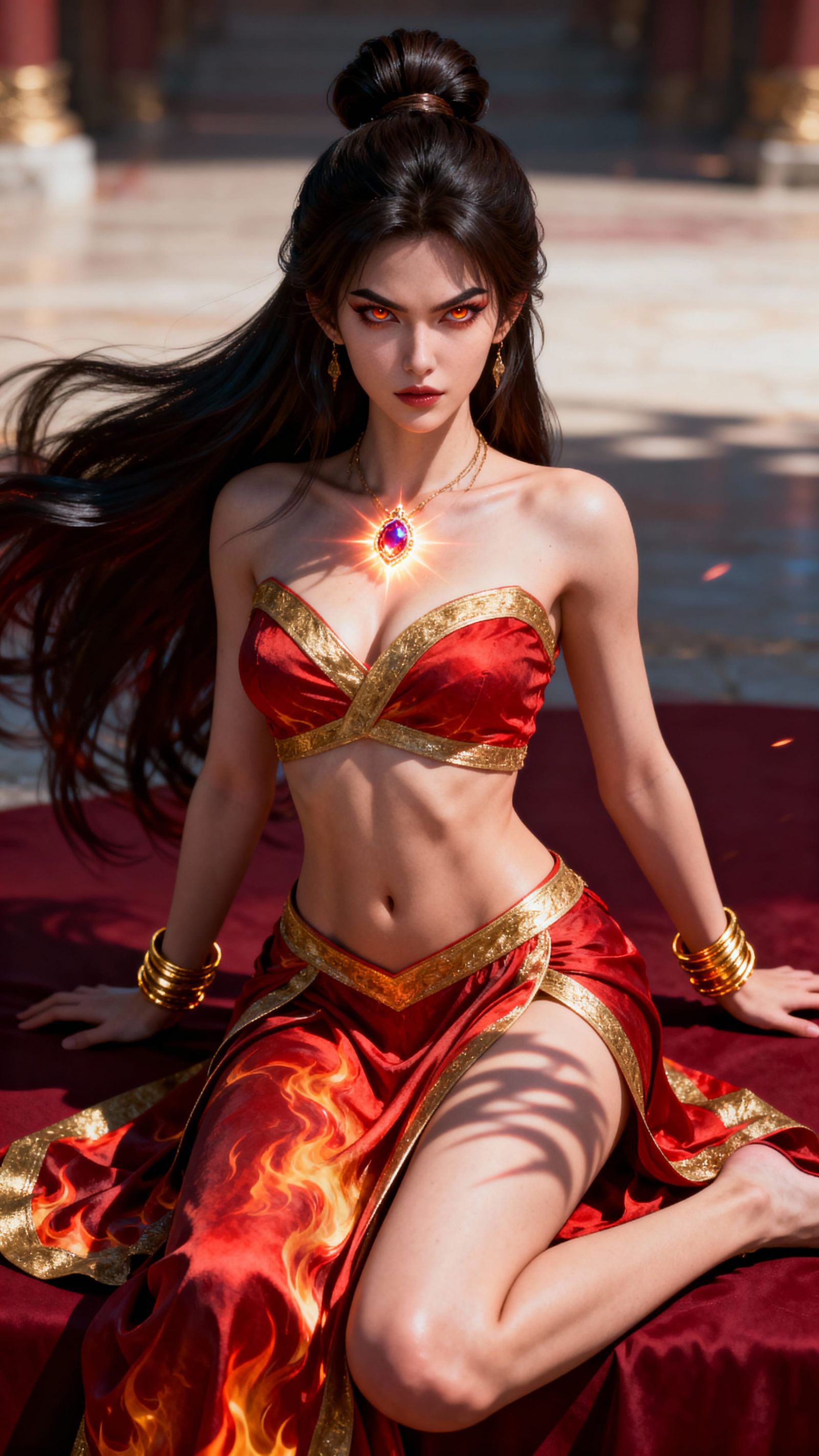 Hyper-Realistic Woman in Red & Gold Ensemble