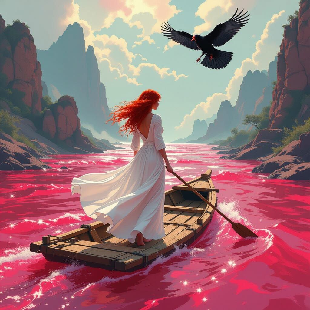 Redhead on Ruby River with Raven in Dreamlike Style