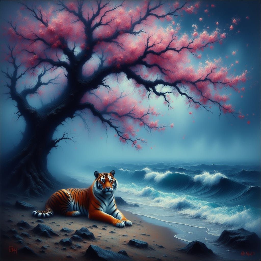 Moonlit Tiger on a Stormy Beach