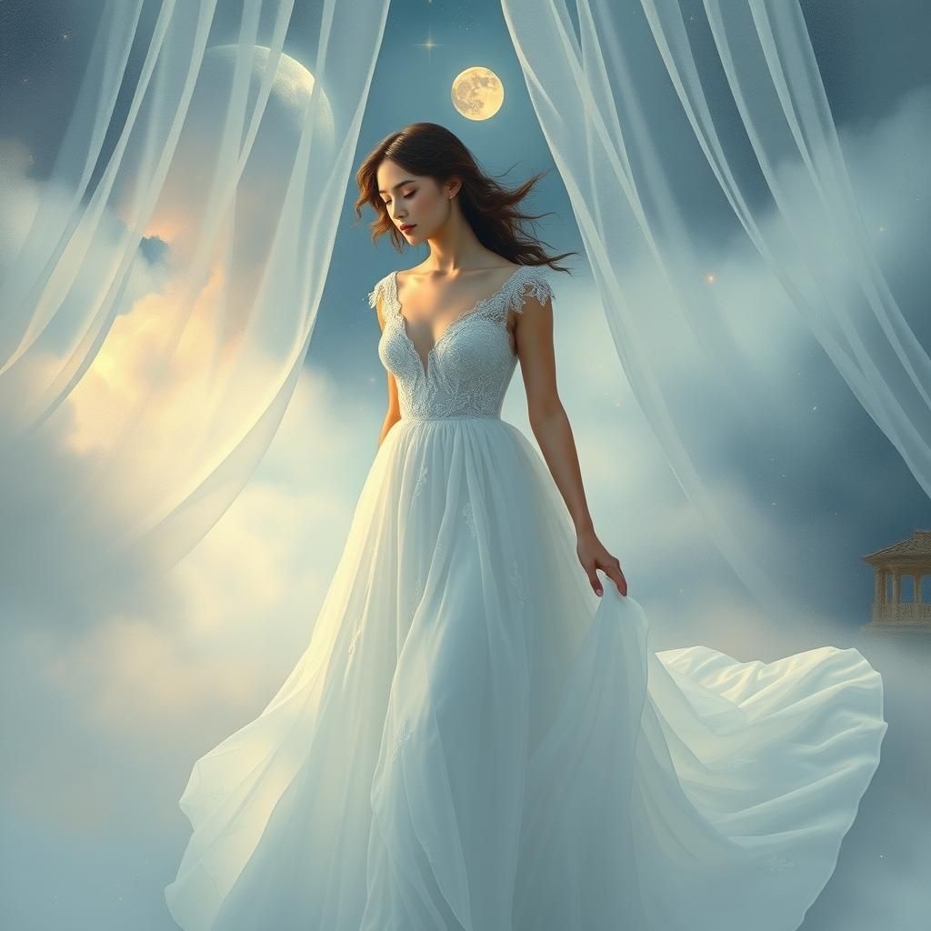 Serene Woman Drifting Through Surreal Dreamscape