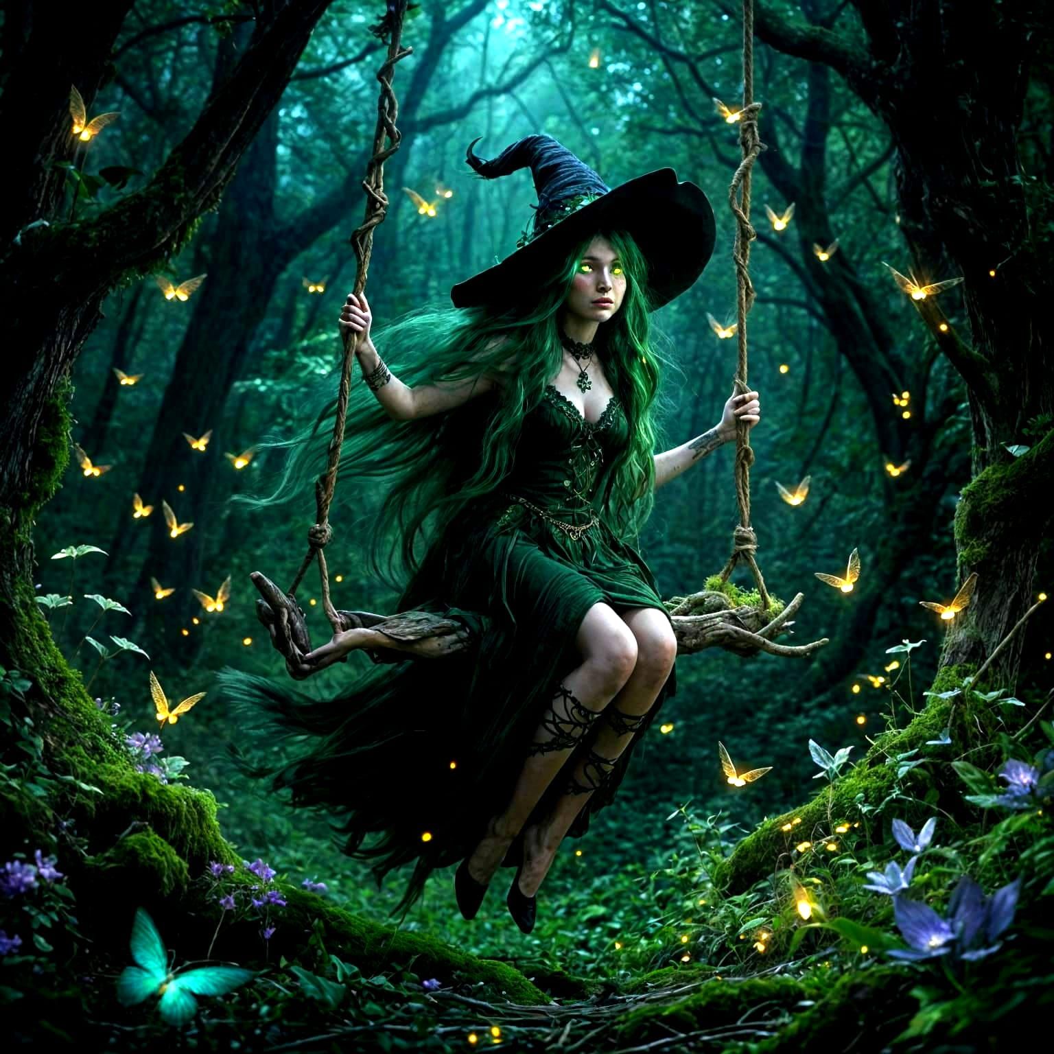 Magical Forest Witch on Branch Swing