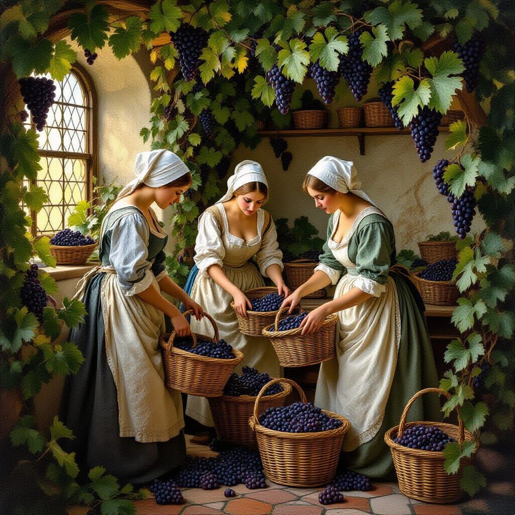 Medieval Maids Harvesting Grapes in Golden Light