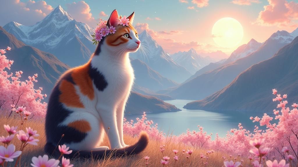Calico Cat in Flower Field with Mountain View