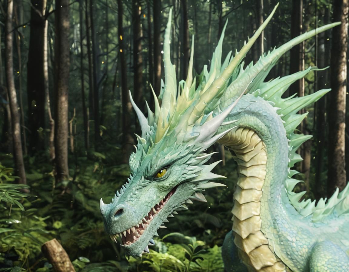 Green Dragon Stalks Through Misty Forest in Moonlight