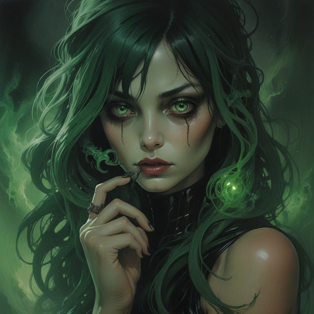 Enchanted Woman in Mystical Green Vortex