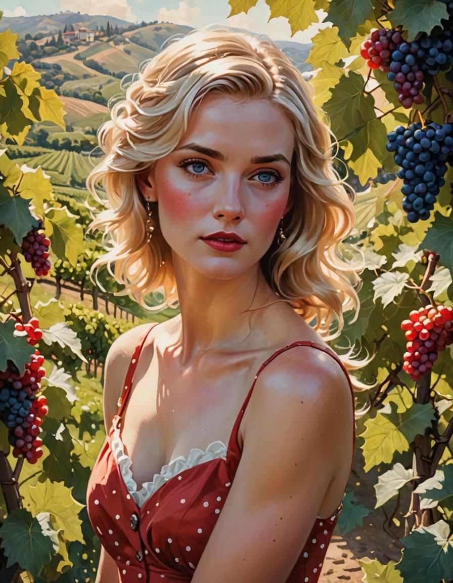 Gorgeous Woman in Vineyard: Hyperrealistic Oil Painting
