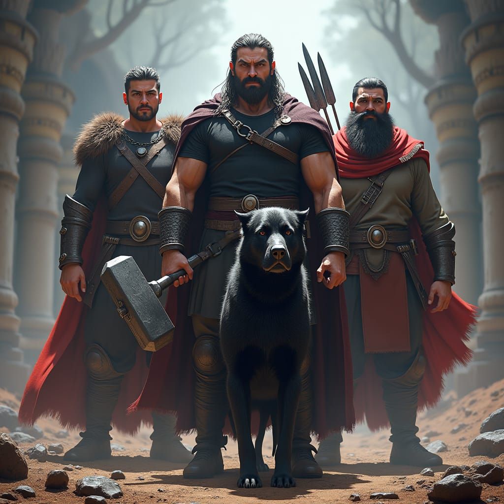 Three Heroes with Loyal Dog: Fantasy Concept Art