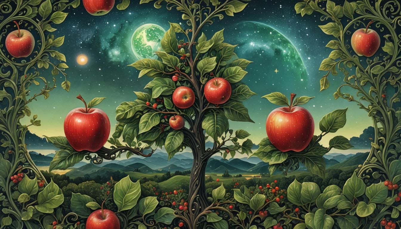 Translucent Apple with Cosmic Floral Scene